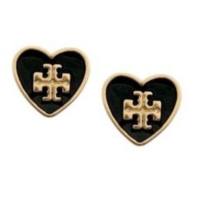New Tory Burch Lacquered Logo Heart Studs; Black/Gold on TB Earring Card